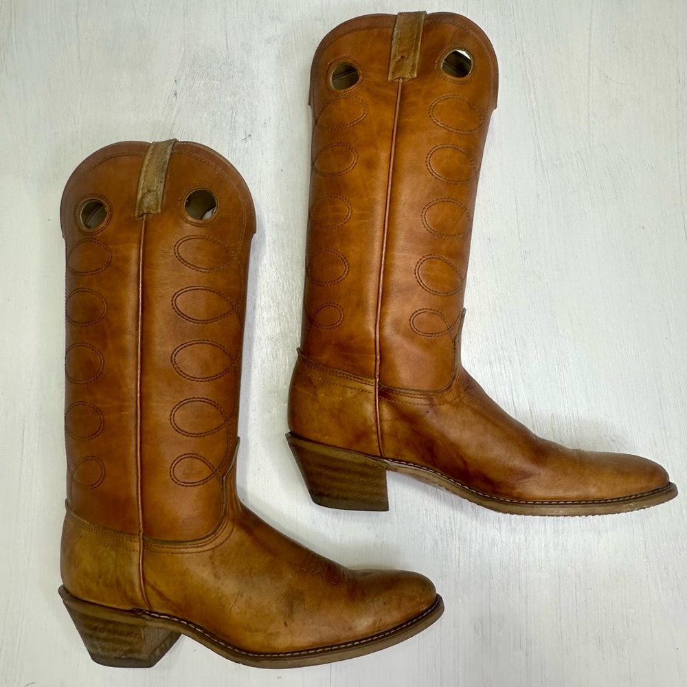 Vintage Acme Cowboy Boots Tan Leather USA Women 9.5C Narrow Western Tall - Picture 5 of 16